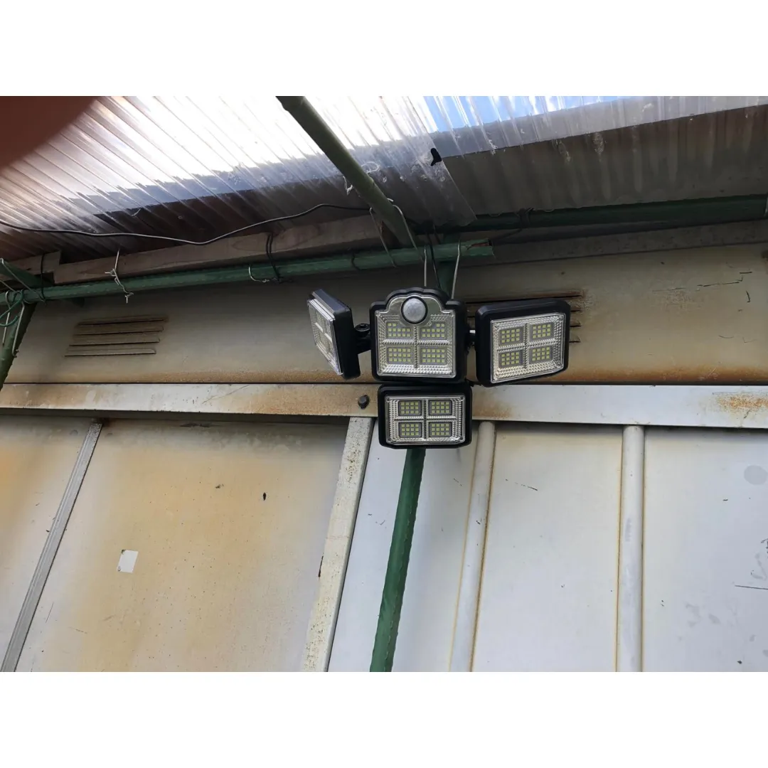 Adjustable 4 head solar motion sensor light installed as security light