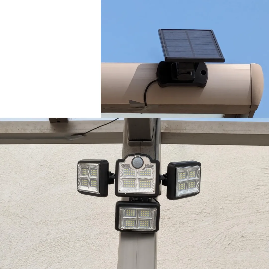 Adjustable 4 head solar motion sensor light installed on fisher board