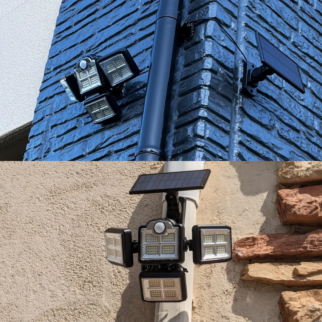 Adjustable 4 head solar motion sensor light installed on the wall
